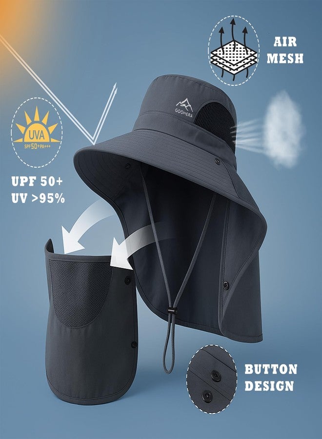 GOOHERA Sun Hat for Men & Women, Breathable Wide Brim Outdoor Fishing Hat with Face Cover & Neck Flap, UV Protection Summer Safari Hat - Dark Gray - Image 2
